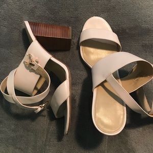 Blush pink Coach designer stacked heels